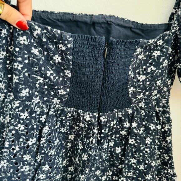 ANTHROPOLOGIE MAEVE Navy Blue White Floral Eyelet Lace Zip Mini Babydoll Dress 6 - Picture 6 of 9